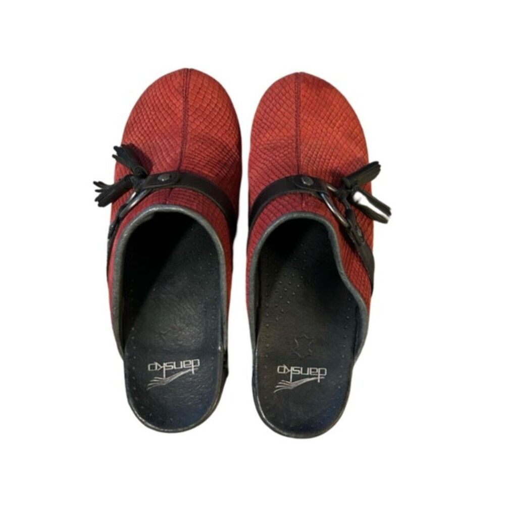 Red snakeskin-embossed leather Dansko Shandi clogs